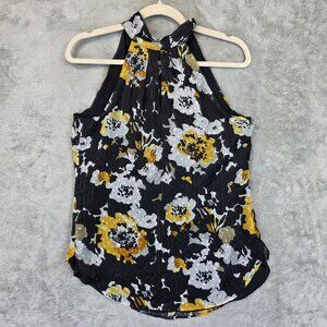 White House Black Market Blouse Womens 0 Black Yellow Floral Tie Neck Halter